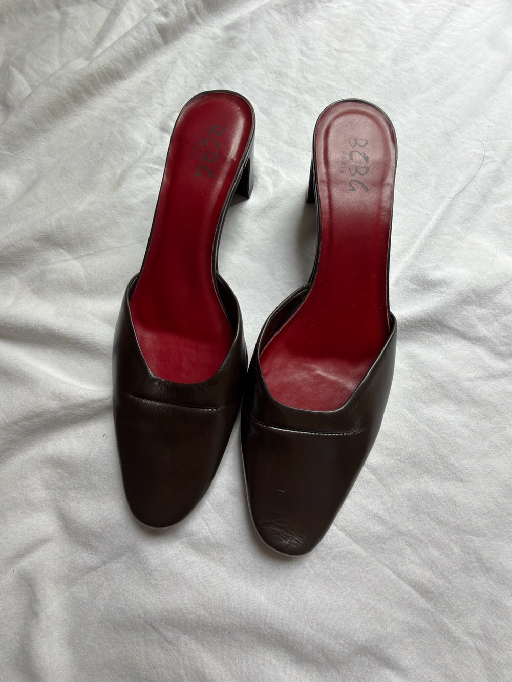 BCBG Brown Leather Mule Slides with Red Insole